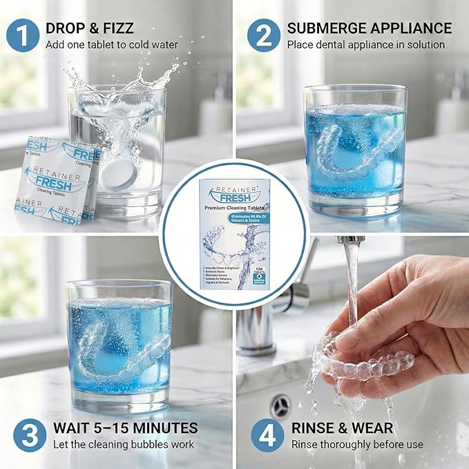 Retainer Fresh Retainer Cleaner Tablets - Denture Cleaner, Retainer Cleaning Tablets, Mouth Guard Cleaner, Aligner Cleaner, Brite Retainer Tablets 120 Tablets 4 Month