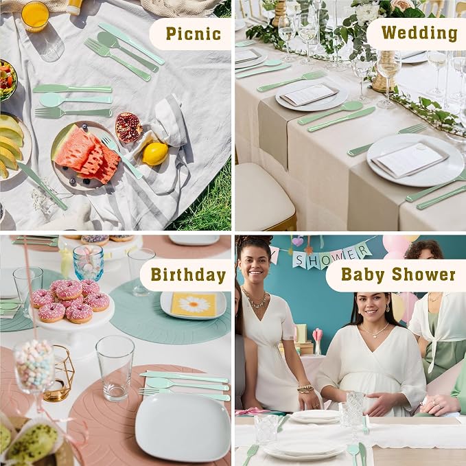 180 PCS Gradient Sage Green Plastic Silverware Heavy Duty Sage Green Cutlery Disposable Set Include 60 Forks, 60 Knives, 60 Spoons for Birthday, Baby Shower, Wedding