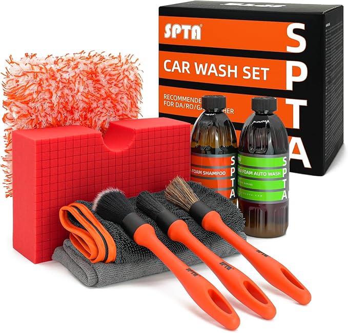SPTA Car Wash Kit, Clean & Car Wash Kit (9 Items, Including 2-16oz. Car Wash Shampoo, 1Pc Microfiber Mitts,1Pc Red Car Wash Sponge, 2Pcs 16"x16" Microfiber Detail Towels and 3Pcs Car Detail Brush