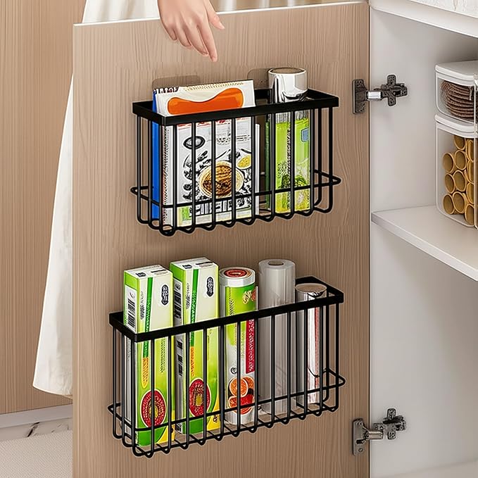 Cabinet Door Organizer Basket 2 Pack, Foil and Plastic Wrap Organizer with 2 Sponges, Lid Organizers Inside Cabinet, Metal Basket for Kitchen Organizers and Storage, Utility, Black (Medium,Large)