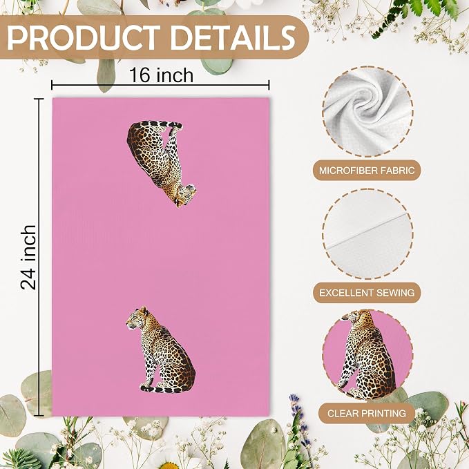 Trendy Leopard Cheetah Print Lucky 8 Ball Bathroom Decor, Preppy Girly Pink Leopard Decor Dish Hand Tea Towels for Bathroom Kitchen Sets of 2, Cheetah Kitchen Towels and Dishcloths,16x24 Inch