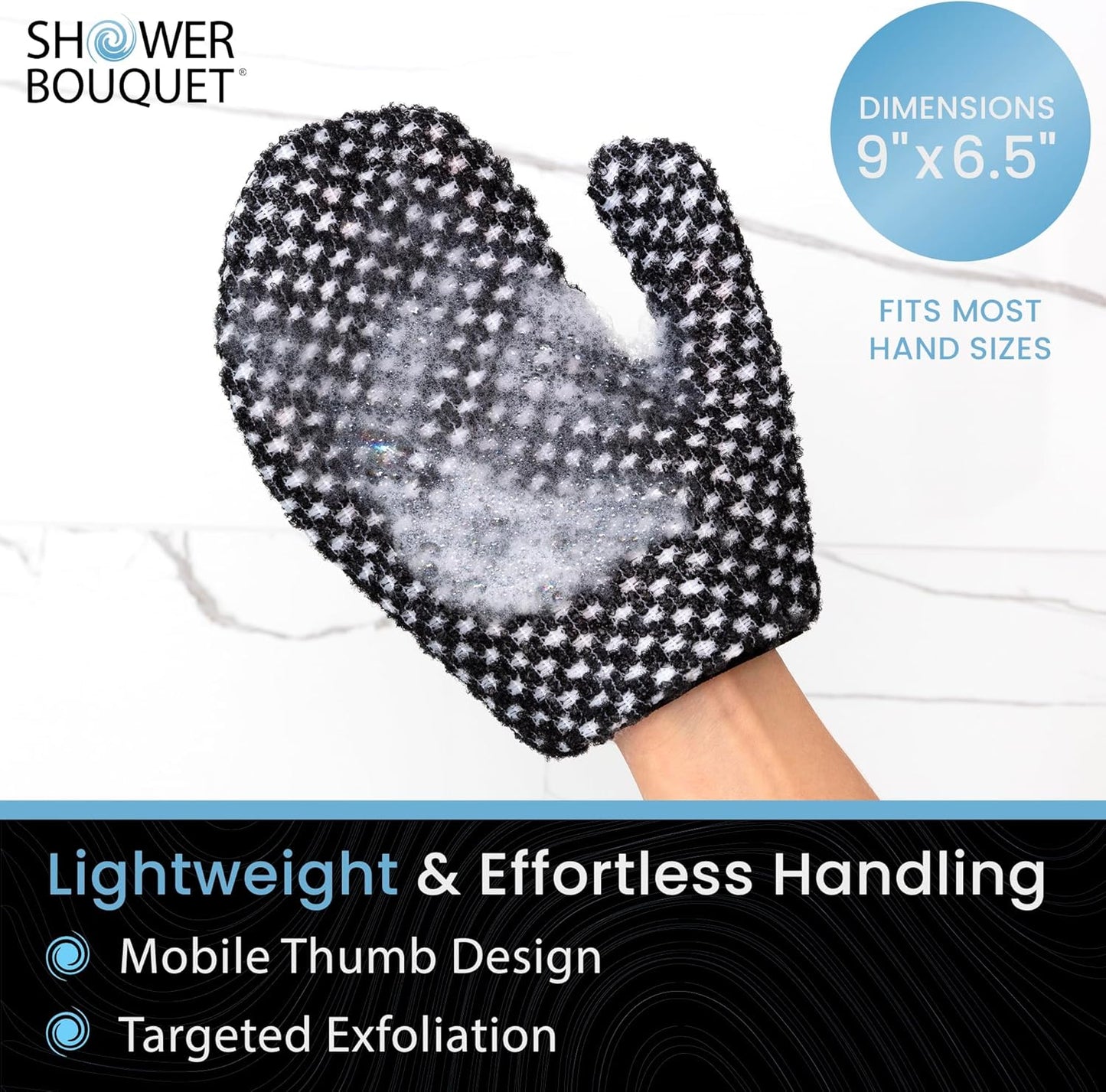 Japanese Exfoliating Mitt 2-Pack - Charcoal & Silver Ion Exfoliating Gloves for Shower - Soft Inner Fabric Gentle Exfoliation & Deep Cleansing Body Scrub Gloves for All Skin Types - 2 White