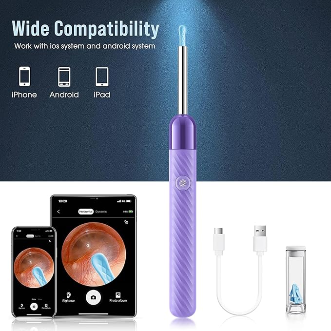 LEIPUT Ear Wax Removal Tool - Ear Cleaner with 1080P Camera - Ear Canal Cleaner - Ear Cleaning Kit with 6 Ear Spoon - Ear Camera for iOS & Android - Birthday Gifts for Women - Purple