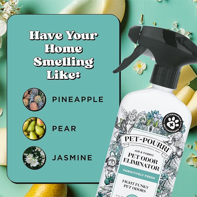 Pet-Pourri Pawsitively Fresh Pet Odor Deodorizer Spray, 16 Fl Oz, Up to 800 Uses, Air + Fabric Odor Remover with Essential Oils & Plant Based Ingredients, Vet Recommended, Pineapple, Jasmine & Pear