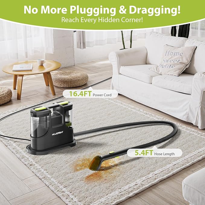 Upholstery Carpet Cleaner, MUJERBAY 15Kpa Portable Spot and Stain Cleaner Shampooer, Easy Move with Handle, 1.5-inch Deep Cleaning Machine for Couch, Stairs, Car and Pet Messes.