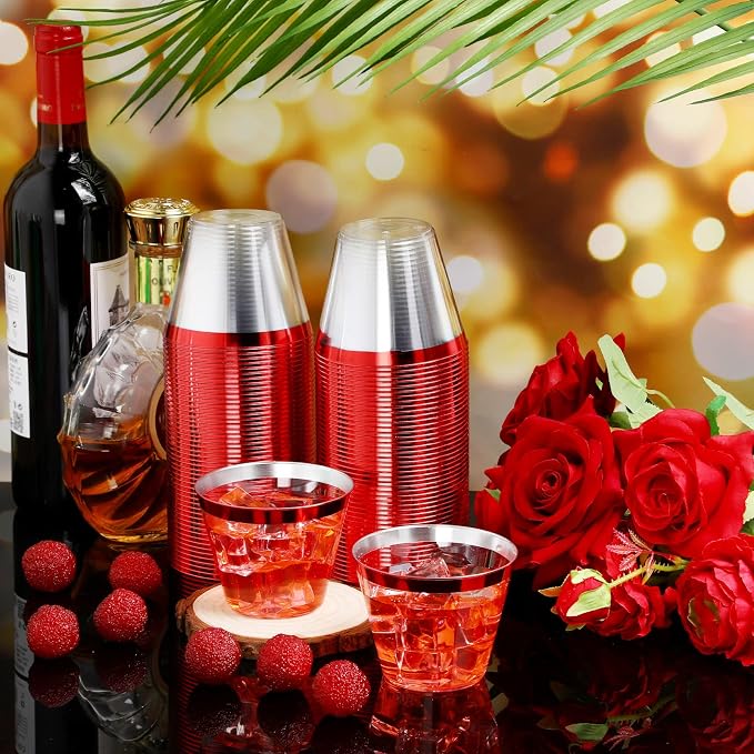 Lounsweer 100 Pcs 9oz Rimmed Plastic Cups Christmas Clear Cocktail Cups Heavy Duty Disposable Wine Glasses for Birthday Bridal Shower Baby Shower Holiday Celebrations(Red)