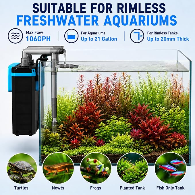 FZONE HOB Aquarium Filter for Small Fish Tanks, 4-Stage Hang on Back Canister Filter, 106 GPH Adjustable Flow, Rainfall, Duckbill & Direct Flow Outlets (S)