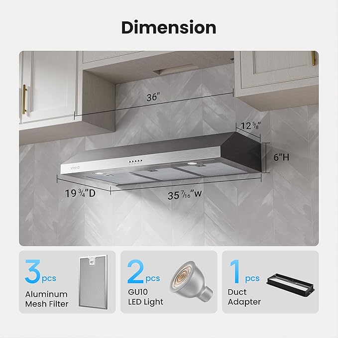 VIKIO HOME Under Cabinet Range Hood 36 Inch, 1200 CFM Dual-Motor Kitchen Vent with LED Lights, Button Control, Ducted Vent Hood, Reusable 5-Layer Aluminum Filters, Stainless Steel