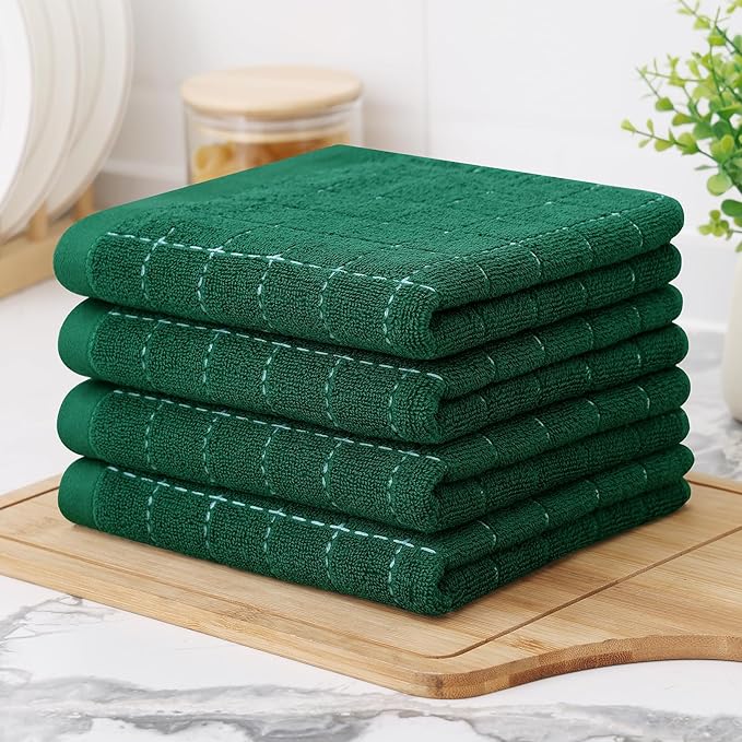 Homaxy 100% Cotton Terry Kitchen Towels(Dark Green, 13 x 28 inches), Checkered Designed, Soft and Super Absorbent Dish Towels, 6 Pack