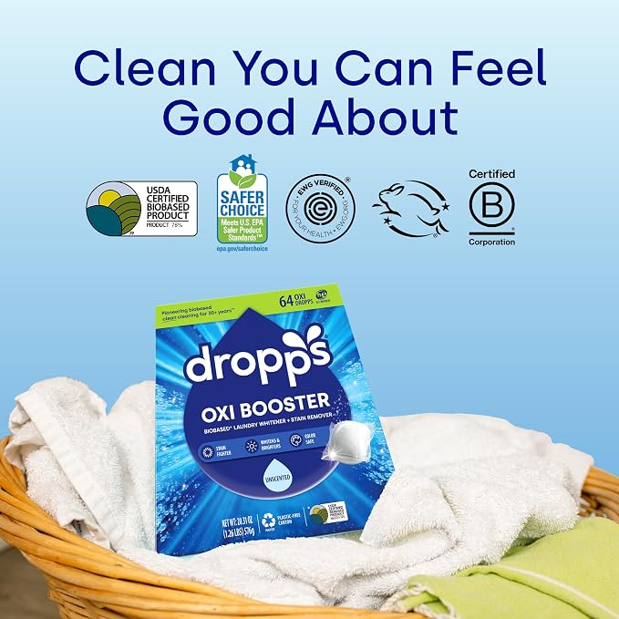 Dropps Oxi Booster Pods, Unscented (64 Count) - Laundry Whitener & Stain Remover | Free & Clear | Laundry Booster | Chlorine-Free Bleach Alternative | Clean Ingredients | Plastic-Free Packaging
