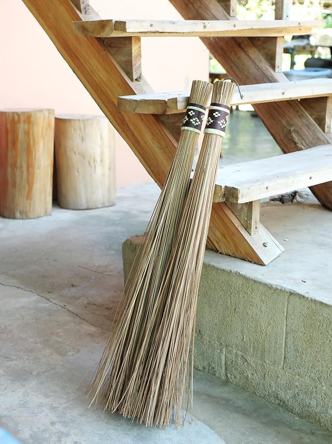 32 inch Multi-Surface Sturdy Outdoor Authentic Coconut Leaf Broom Asian Heavy Duty Broom Thai Natural Coconut Leaf Broom (Country Rustic) 1 Piece (Brown)