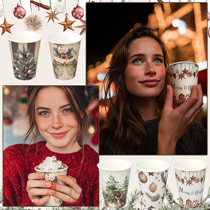 Gerrii 100 Set Christmas Paper Cups Disposable 12 oz with Lids Hot Chocolate Coffee Cups for Hot and Cold Drinks Tea Water Bar Supplies Holiday Winter Season(Cozy Winter)