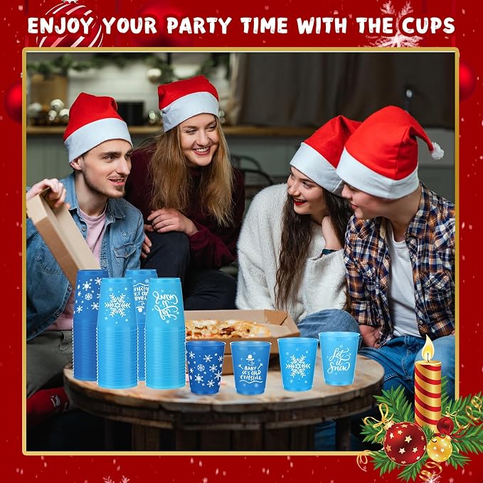 Ziliny 60 Pcs Winter Plastic Cups Reusable Winter Snowflake Coffee Cups Tumblers Snow Holiday for Hot Cold Drinks Chocolate Beer Party New Year Holiday Supplies(16 oz)
