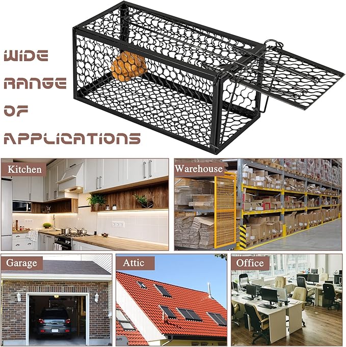 Qualirey 4 Pcs Humane Rat Trap Chipmunk Rodent Mouse Squirrel Trap 9.1 x 4.5 x 4.5 Inches Live Animal Mouse Voles Hamsters Live Cage Rat Cage for Mice Easy to Catch and Release (Black)