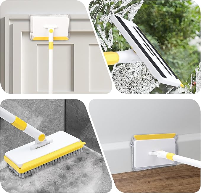 Baseboard Cleaner Tool with Long Handle,Wall Cleaner Mop with Extendable Handle 1 Stiff Bristles mop Head and 4 Reusable Cleaning Pads,Duster for Cleaning Tile Ceiling Window Skirting Board