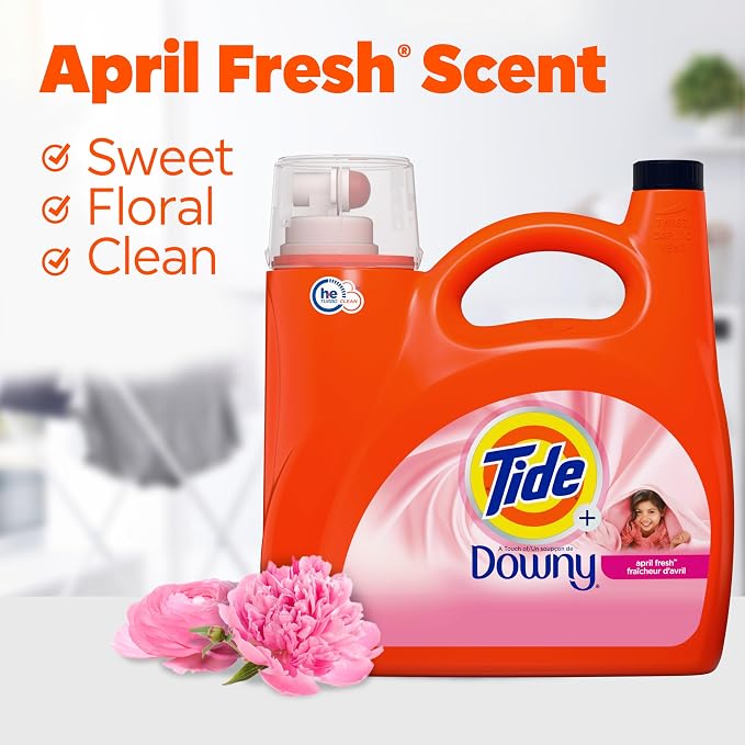 Bundle of Tide plus Downy Liquid Laundry Detergent Soap, April Fresh Scent, HE Compatible, 94 Loads, 132 fl oz + Tide Power PODs Laundry Detergent with Downy Soft Boosters, April Fresh Scent, 18 Count