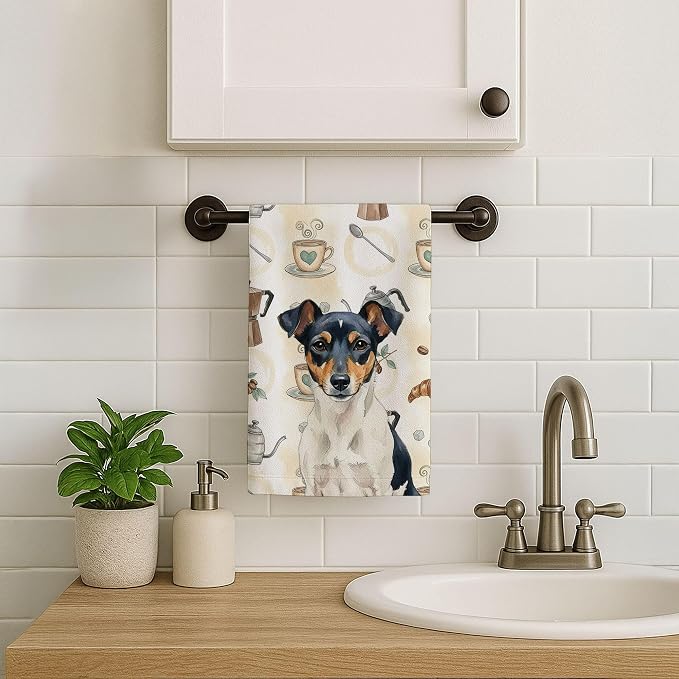 Caroline's Treasures Tricolor Rat Terrier Coffee Bar Kitchen Towel Velour Plush Front and Cotton Loop Back Machine Washable