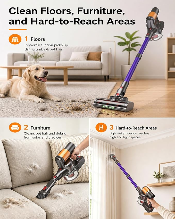 Cordless Vacuum Cleaner, 2 Batteries 120 Mins Runtime, 600W 50KPA Stick Vacuum with Self-Standing, Tangle-Free Brush, LED Display, Vacuum Cleaner for Home Hardwood Floor, Carpet, Pet Hair