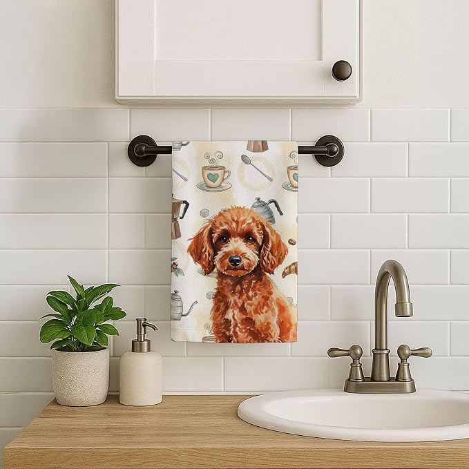 Caroline's Treasures Toy Red Poodle Coffee Bar Kitchen Towel Velour Plush Front and Cotton Loop Back Machine Washable