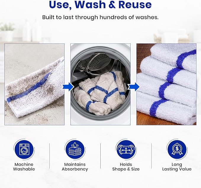 Bar Mops Pack of 36 (14" x 19") - 100% Cotton Cleaning Rags for Housekeeping - Thick, Absorbent & Reusable Bar Towels for Cleaning House & Restaurant - Kitchen Towels Bulk (Blue Stripe)