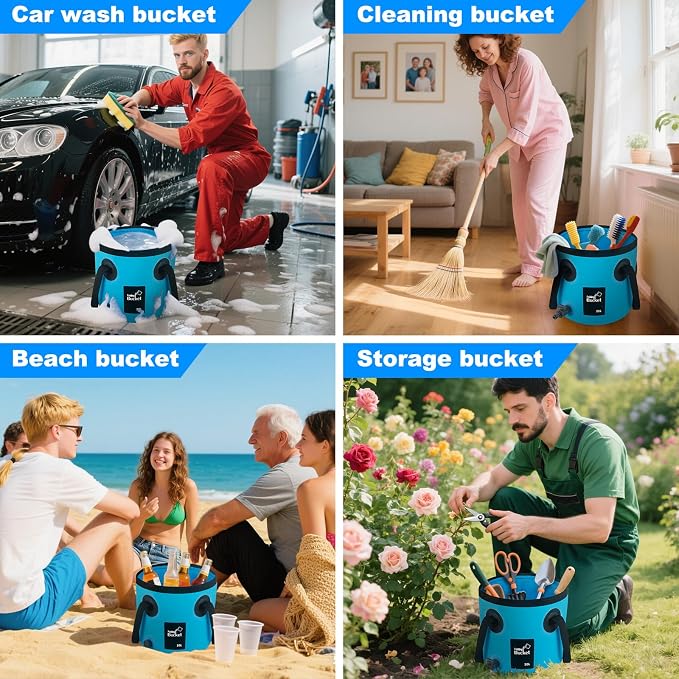 Collapsible Mop Bucket with Handle for Cleaning, 16L(4.2 Gallon) Silicone Square Mopping Bucket for Windows Cleaning, Car Wash Bucket with Drain Valve, 5 Gallon Collapsible Bucket for Cleaning