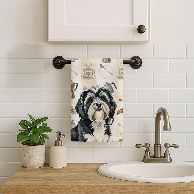 Caroline's Treasures Black and White Tibetan Terrier Coffee Bar Kitchen Towel Velour Plush Front and Cotton Loop Back Machine Washable