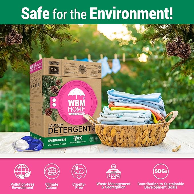 WBM Laundry Detergent Pods - Ultra-Concentrated, Hypoallergenic, Stain-Fighting, Evergreen Scent, 128-Pack, Recyclable Packaging for Eco-Friendly Cleaning