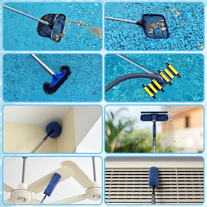 Poolvio 12FT Pool Pole, 2-Piece Telescopic Swimming Pool Cleaning Pole with Universal Threaded Tips, 2-in-1 Design for Skimmer Nets, Vacuum Heads, Brushes & Household Cleaning Tools