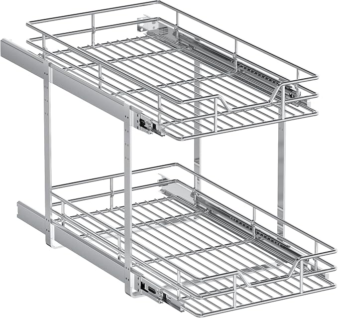 2-Tier Pull Out Cabinet Organizer, 12.5" W x 21.5" D, Heavy Duty Dual Slide Out Shelves for Narrow Base Cabinets, Chrome Wire Basket Drawer for Spices, Bottles & Snacks