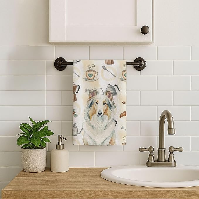 Caroline's Treasures White Collie Coffee Bar Kitchen Towel Velour Plush Front and Cotton Loop Back Machine Washable