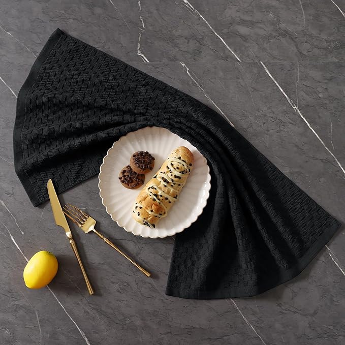 Homaxy 100% Cotton Terry Kitchen Towels(15" x 25", 12 Pack), Soft and Super Absorbent Dish Towels, 380 GSM Reusable Tea Towel with Hanging Loop, Pineapple Grid Designed, Black