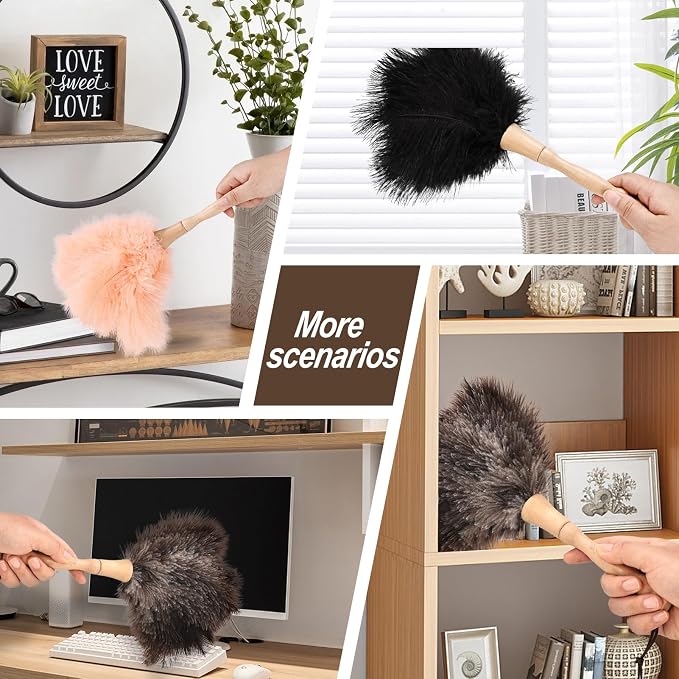 Ostrich Feather Duster 12 Inch Handheld Duster Supplies, Wooden Handle Feather Duster for Cleaning Keyboard Home Car Office (Black 2Pcs)
