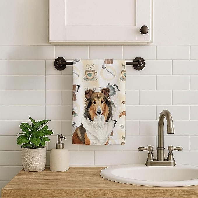 Caroline's Treasures Sable Collie Coffee Bar Kitchen Towel Velour Plush Front and Cotton Loop Back Machine Washable