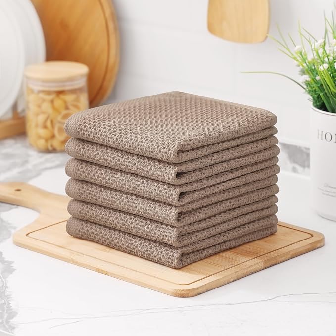 Kitinjoy 100% Cotton Kitchen Dish Cloths (12 X 12 Inches, Tan), 12 Pack Waffle Weave Ultra Soft Absorbent Dish Towels for Drying Dishes Quick Drying Kitchen Towels Dish Rags