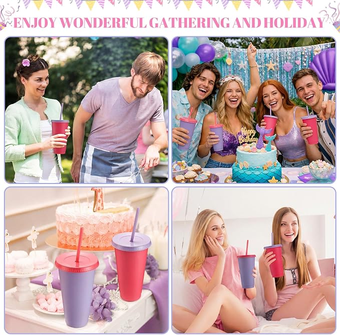Honeydak 30 Pack Tumbler with Straw and Lid Bulk Cups for Gifts Water Bottle Iced Coffee Travel Mug Cup Reusable Plastic Tumblers for Party Birthdays 24-27 oz (Pink and Purple Color)