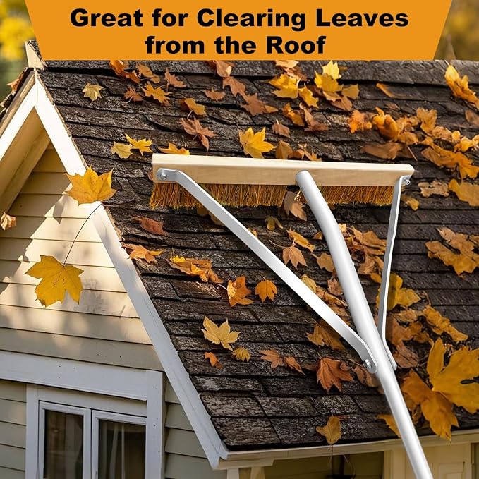 Leaf Roof Brush and Roof Rake, Adjustable Length Roof Cleaning Tool, Remove Roof Leaves Safely, with Natural Brush Head, Lightweight, Easy to Use & Store (21 ft)