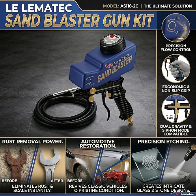 LE LEMATEC Sand Blaster Gun Kit – Portable Sandblaster for Air Compressor – Rust Removal & Glass Etching – Gravity Feed & Siphon Modes – AS118-2C