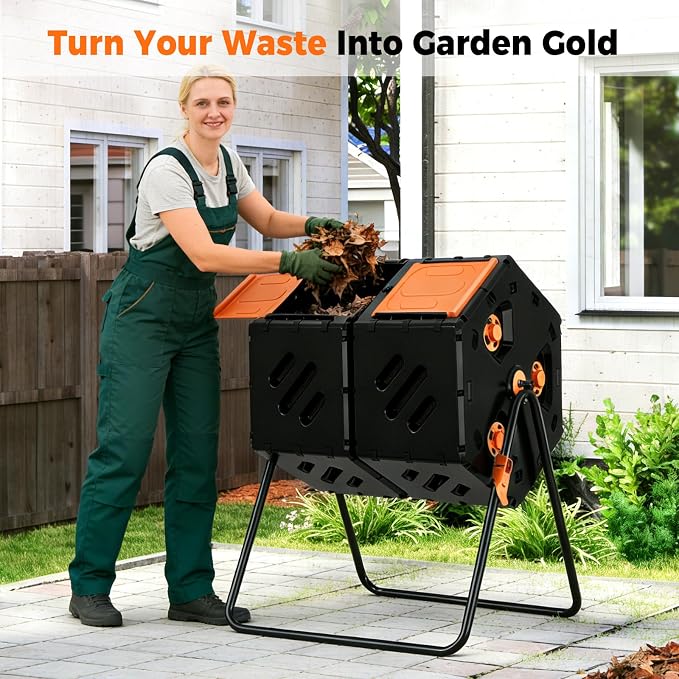 45 Gallon (170L) Compost Tumbler Outdoor, Dual Chamber Compost Bin with 360° Rotating Design, Adjustable Vents, Easy Assembly, Large Openings for Kitchen, Garden & Yard Waste