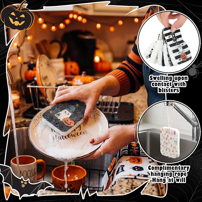 Hahafelt 36 Pack Halloween Compressed Cellulose Sponges Bulk Pop up Ghost Pumpkin Skull Kitchen Sponges Natural Kitchen Compostable Non Scratch Dish Tools for Washing Dishes Cleaning Countertop Sink