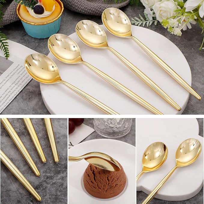 U-QE 180Pcs Gold Plastic Spoons, Disposable Heavy Duty Plastic Spoons, Heavyweight Plastic Spoons, Gold Plastic Silverware Perfect For Parties, Weddings and Other Daily Events