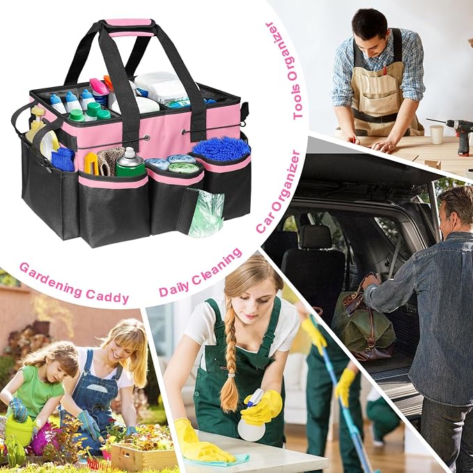 Grekos Large Cleaning Caddy Bags, Cleaning Caddy Suppliers Organizer with 4 Detachable Divider, Supply Caddy With Adjustable Shoulder Strap & Waist Belt For Housekeepers, Home, Car(Pink)