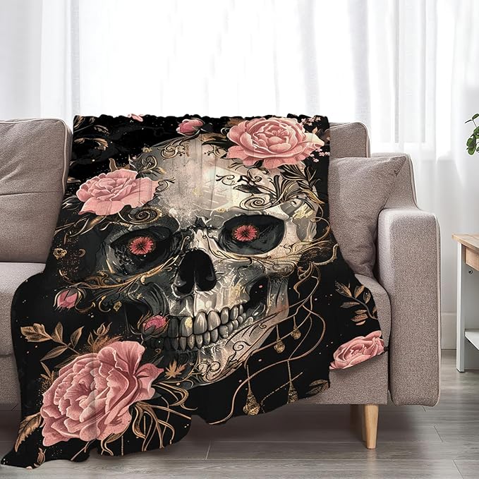 Tijuboni Skull Roses Throw Blanket Skull Gifts for Girls Boys Women Men Kids Adults Soft Flannel Fleece Blanket for Couch Sofa Bed Home Decor 50"x60"