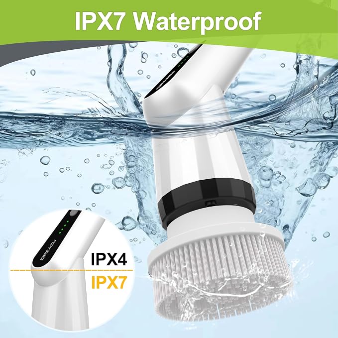 Electric Scrubber Brush, IPX7 Electric Scrubber for Shower, Electric Cleaning Brush Scrubber with 7 Replaceable Brush Heads & Retractable Handle, 2-Speed Adjustable Spin Cleaning Brush