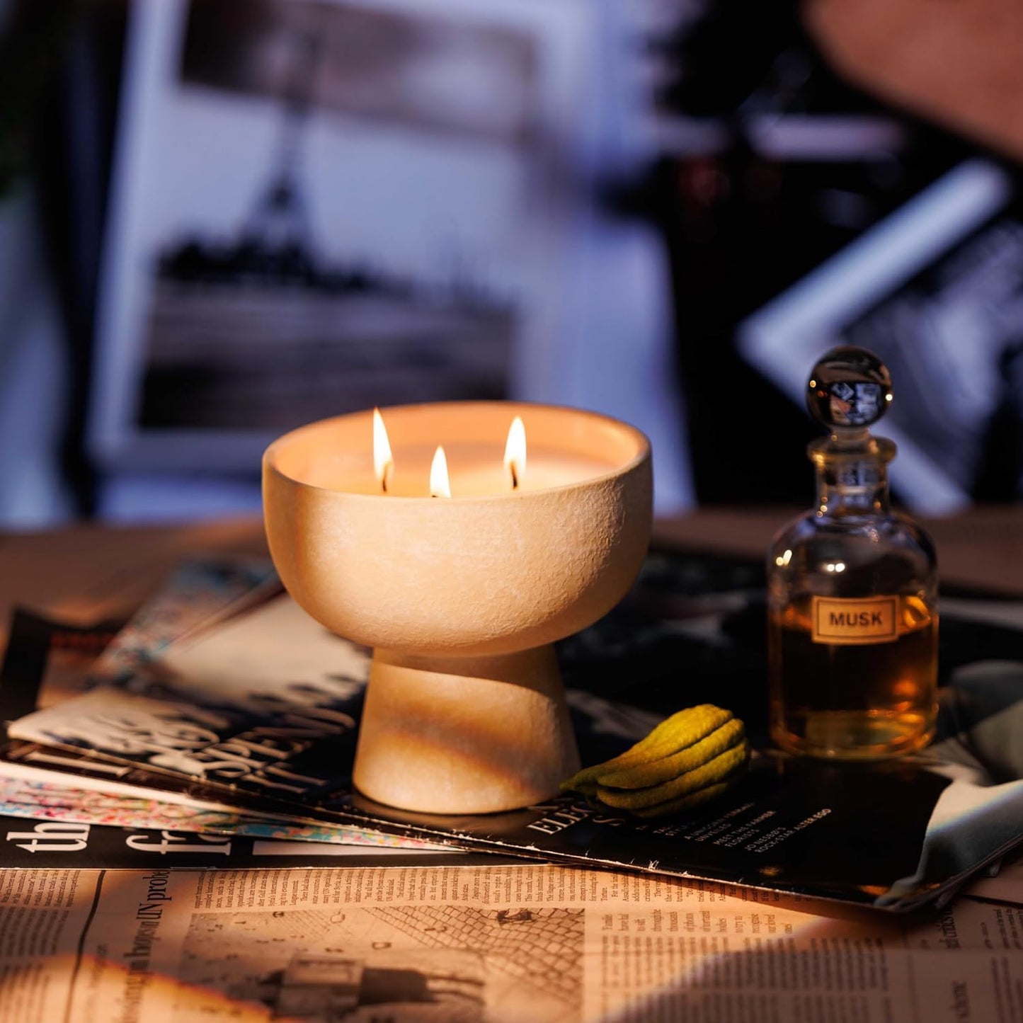 New BLUEME Wellness Candle Wax Refill, Contains Essential Oil, Sustainable, Hand Finished, Hand Poured, Premium, Luxury Ceramic, Natural Cotton Wick (12oz, Bergamot & Musk)