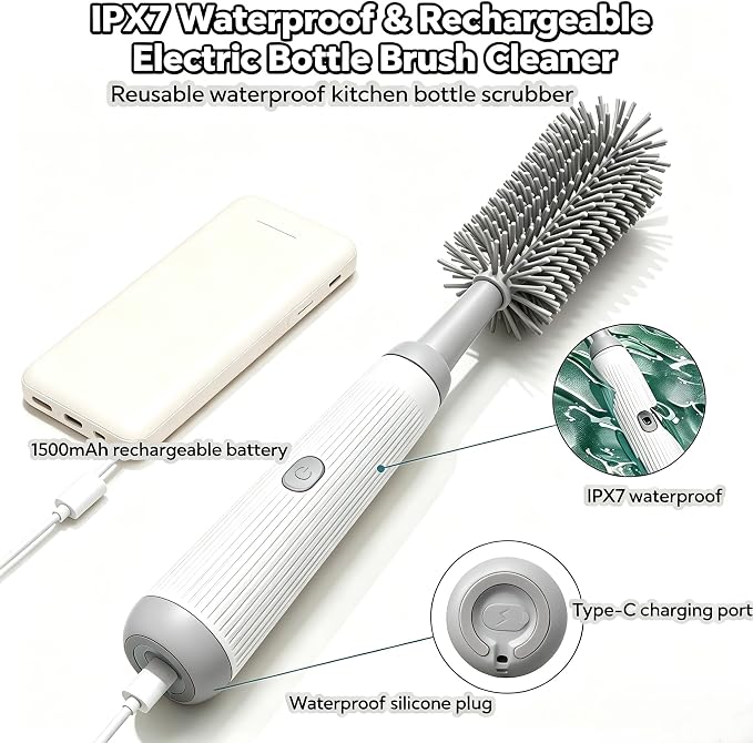 Electric Bottle Brush Set, 6-in-1 Electric Cleaning Brush with Waterproof Silicone Cleaner, 3 Replaceable Brush Heads, Straw Brush & Extension Rod, for Baby Feeding Supplies and Kitchen Utensils