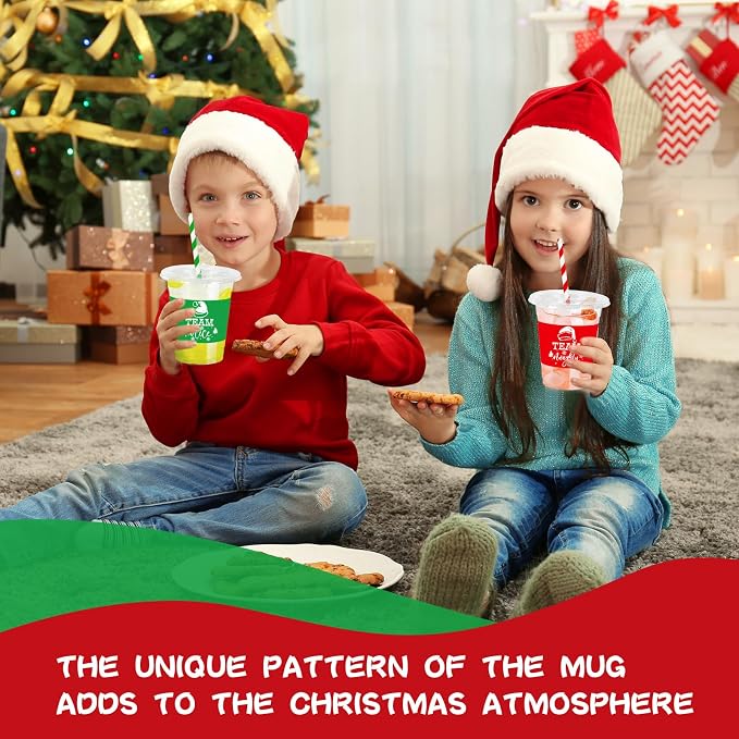 JarThenaAMCS 50Pcs 12Oz Christmas Plastic Cups with Lids & Straws Team Nice or Naughty Disposable Clear Drinking Cups for Winter Xmas Party Supplies