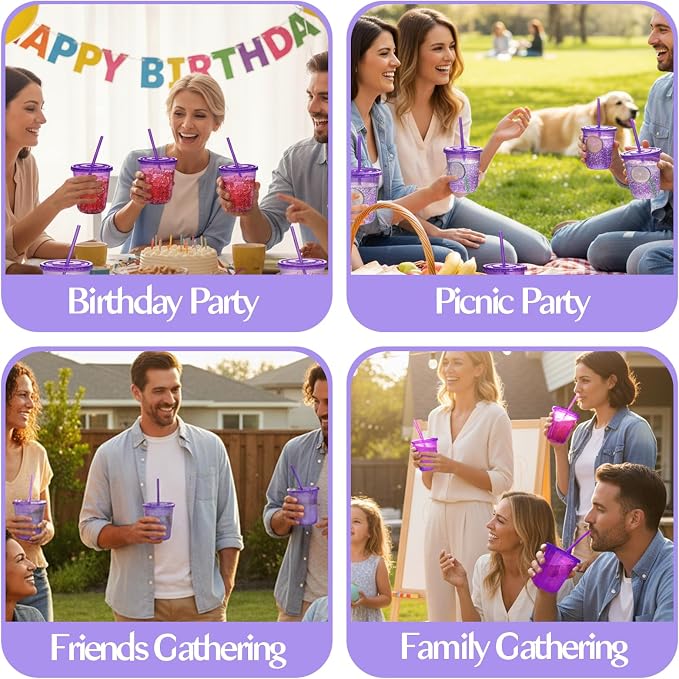 12oz Disposable Stemless Glasses with Flat Lids and Straws,PET Disposable Drinking Cups,Clear Plastic Wine Glasses for Parties Birthday,Wedding,Meeting,Christmas Party Supplies. (100, Purple)
