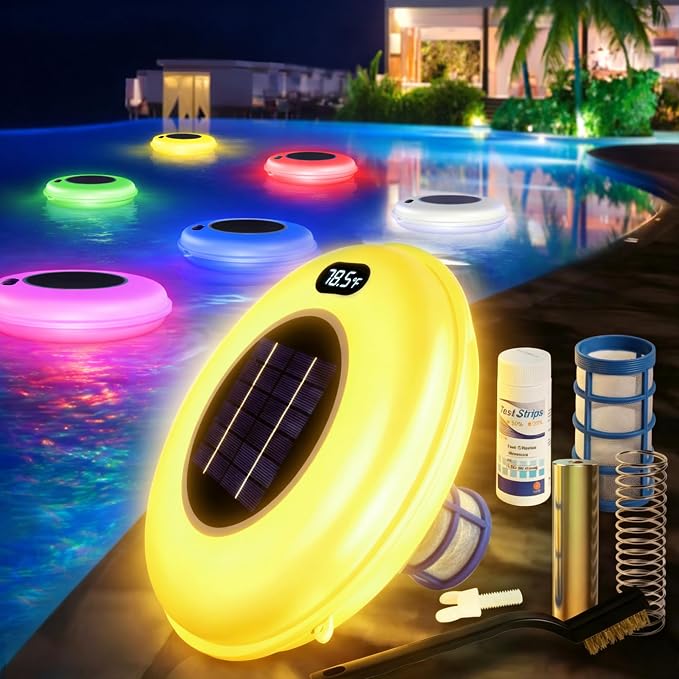 Solar Pool Cleaner with Temperature Sensing & Display, Multi-Color LED Copper Pool Cleaner, Solar Powered Cleaner for Pools up to 45,000 Gallons, Ideal for Above Ground, In-Ground Pools & Spas