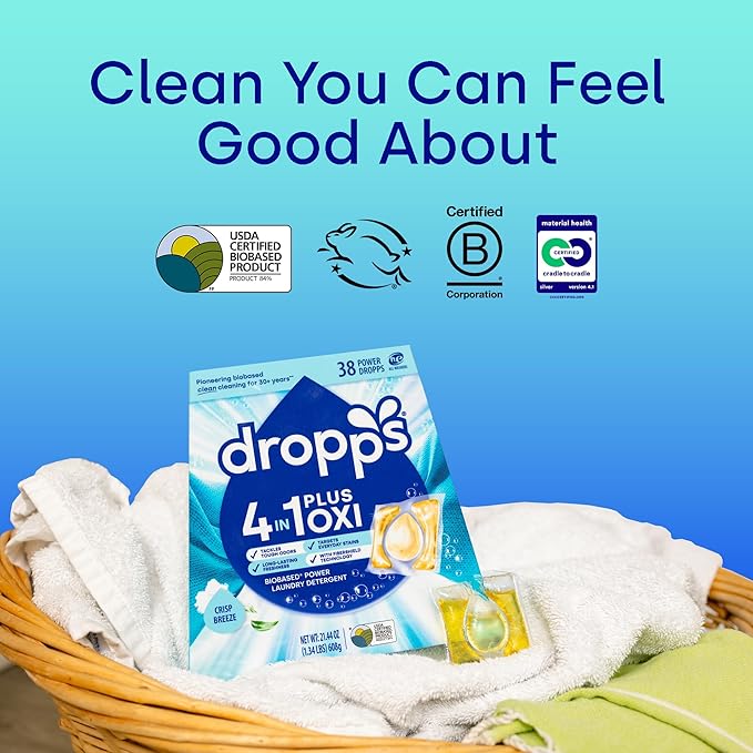 Dropps 4-in-1 Plus Oxi Laundry Detergent Pods, Crisp Breeze (76 Count) - Laundry Pods | Advanced Odor Defense | Fights Stains | Whitens & Brightens | Clean Ingredients | Plastic Free Packaging