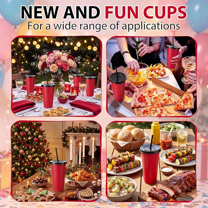Honeydak 30 Pack Tumbler with Straw and Lid Bulk Cups for Gifts Water Bottle Iced Coffee Travel Mug Cup Reusable Plastic Tumblers for Party Birthdays 24-27 oz (Red and Black)
